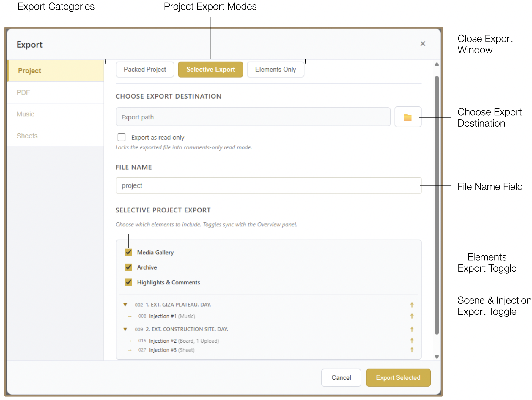 Selective Export panel showing project tree with scene and element checkboxes
